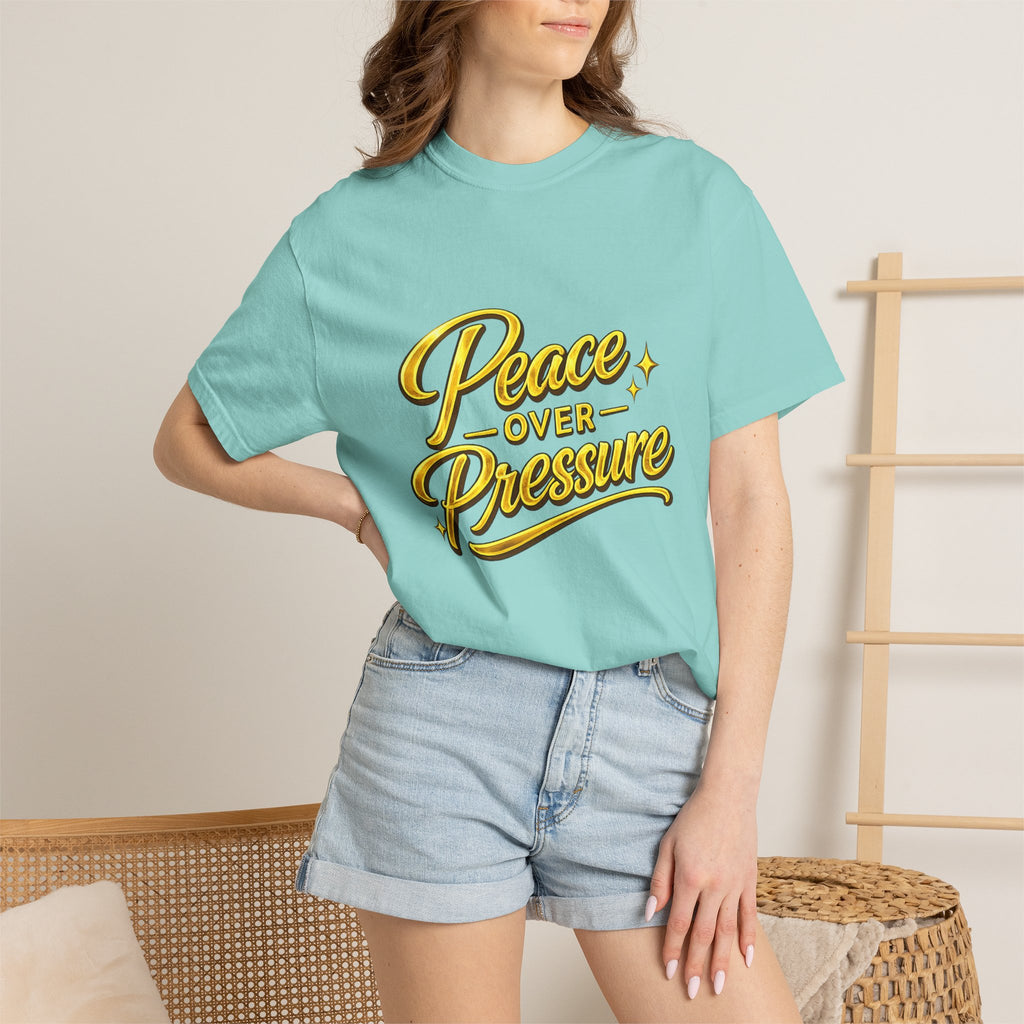 Peace Over Pressure tee | Hand-lettered script, yellow gold typography