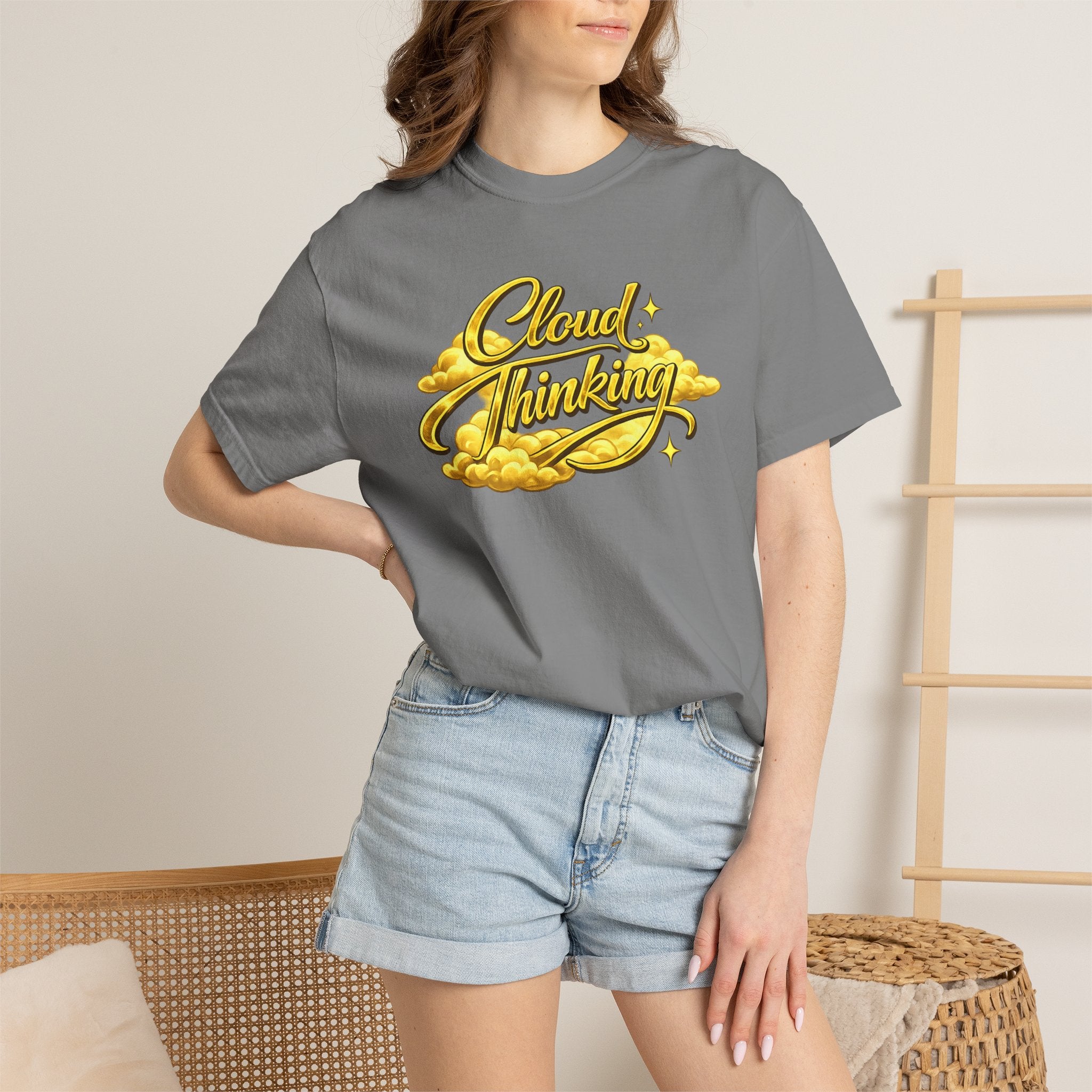 Cloud Thinking T-Shirt — Retro Gold Script Graphic Tee