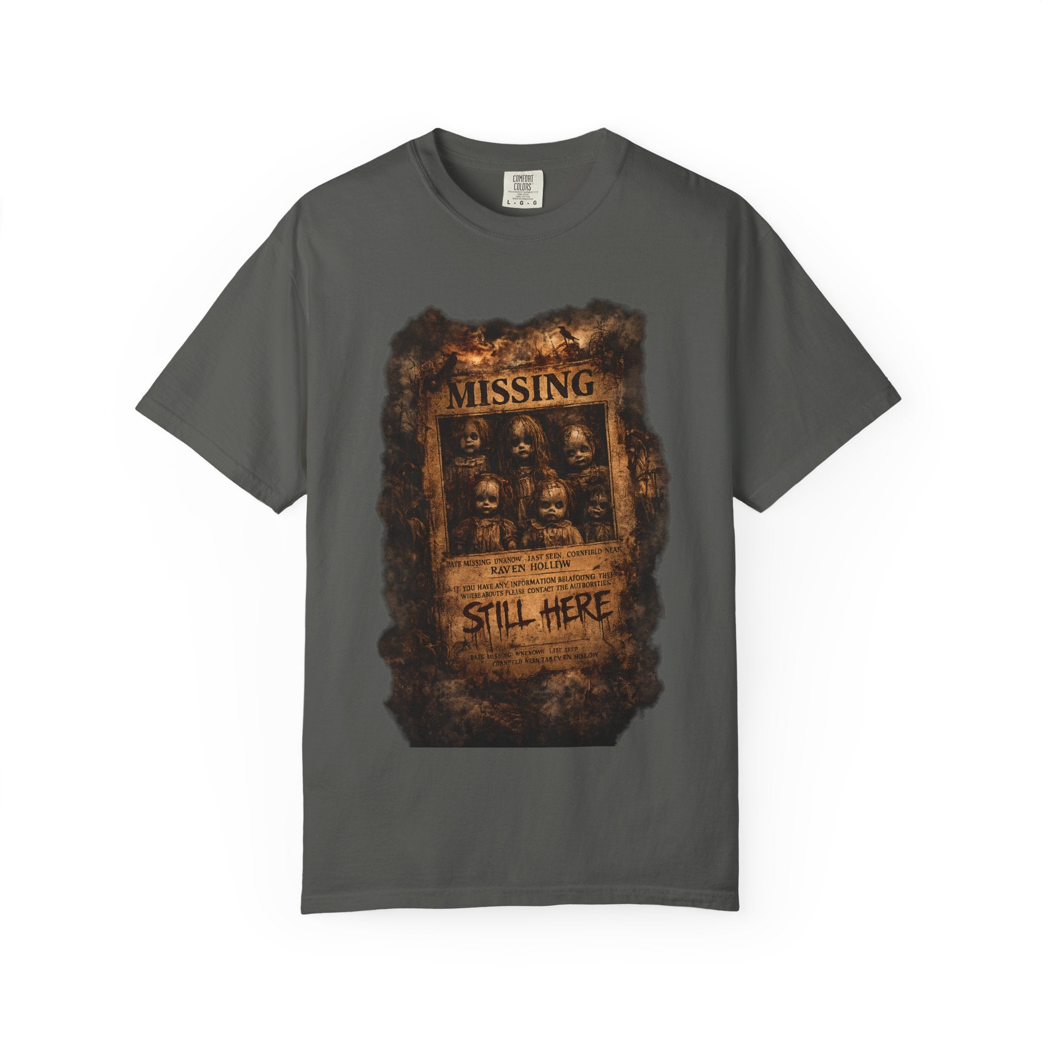 Missing Poster Graphic T-Shirt — Vintage 'Still Here' Horror Design