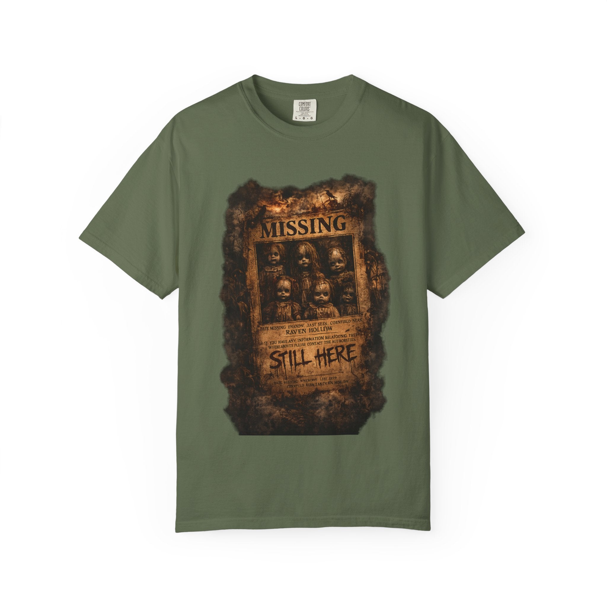 Missing Poster Graphic T-Shirt — Vintage 'Still Here' Horror Design