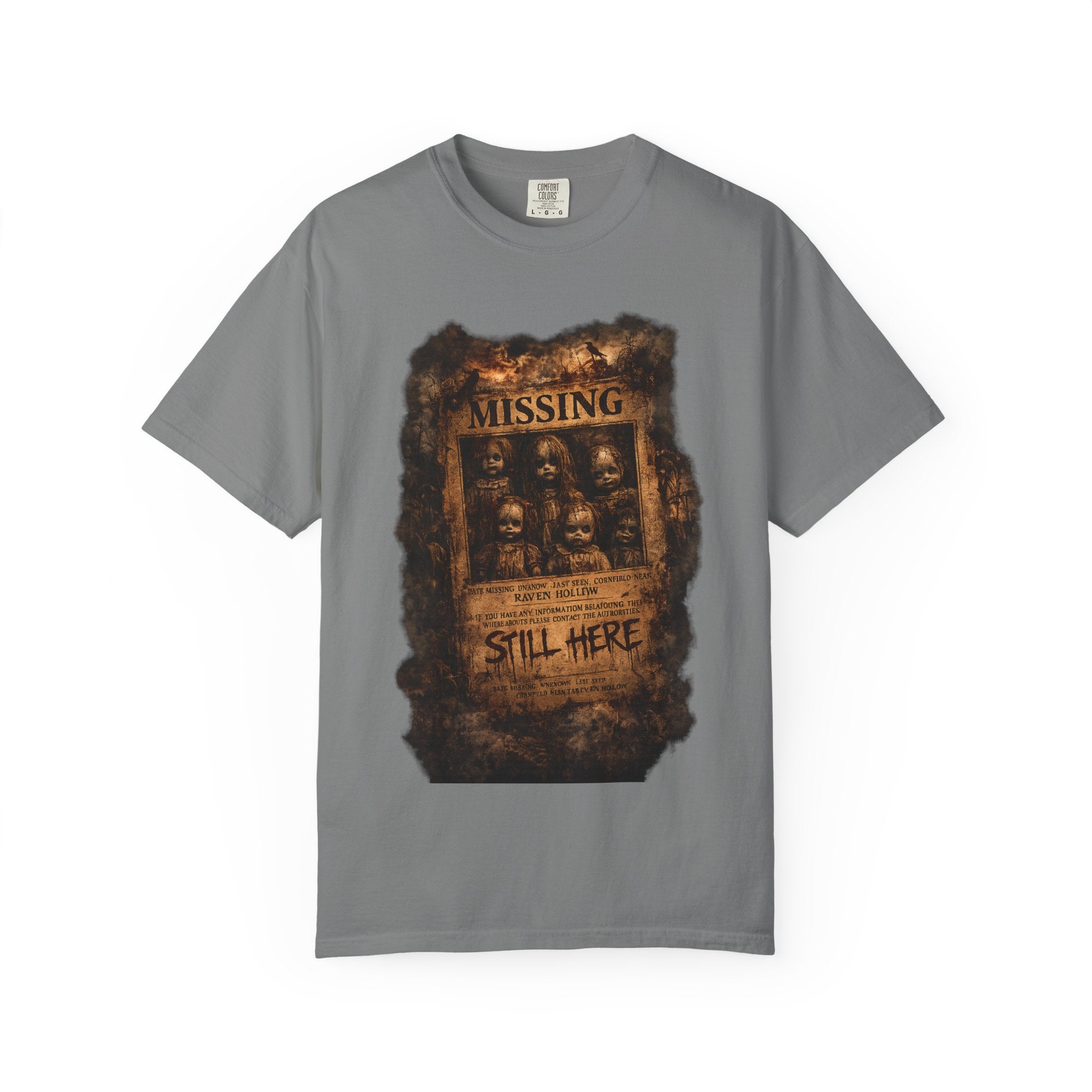 Missing Poster Graphic T-Shirt — Vintage 'Still Here' Horror Design