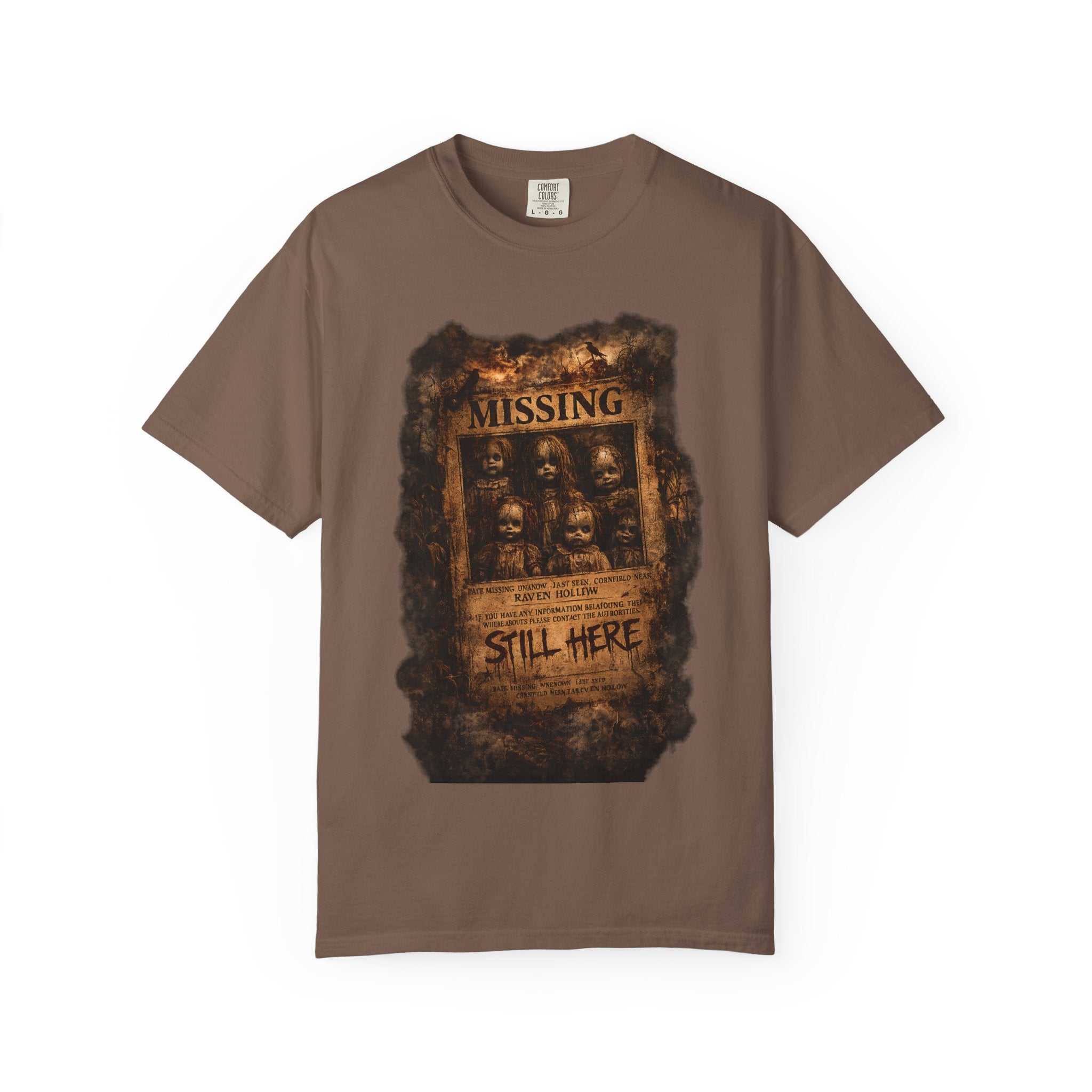 Missing Poster Graphic T-Shirt — Vintage 'Still Here' Horror Design