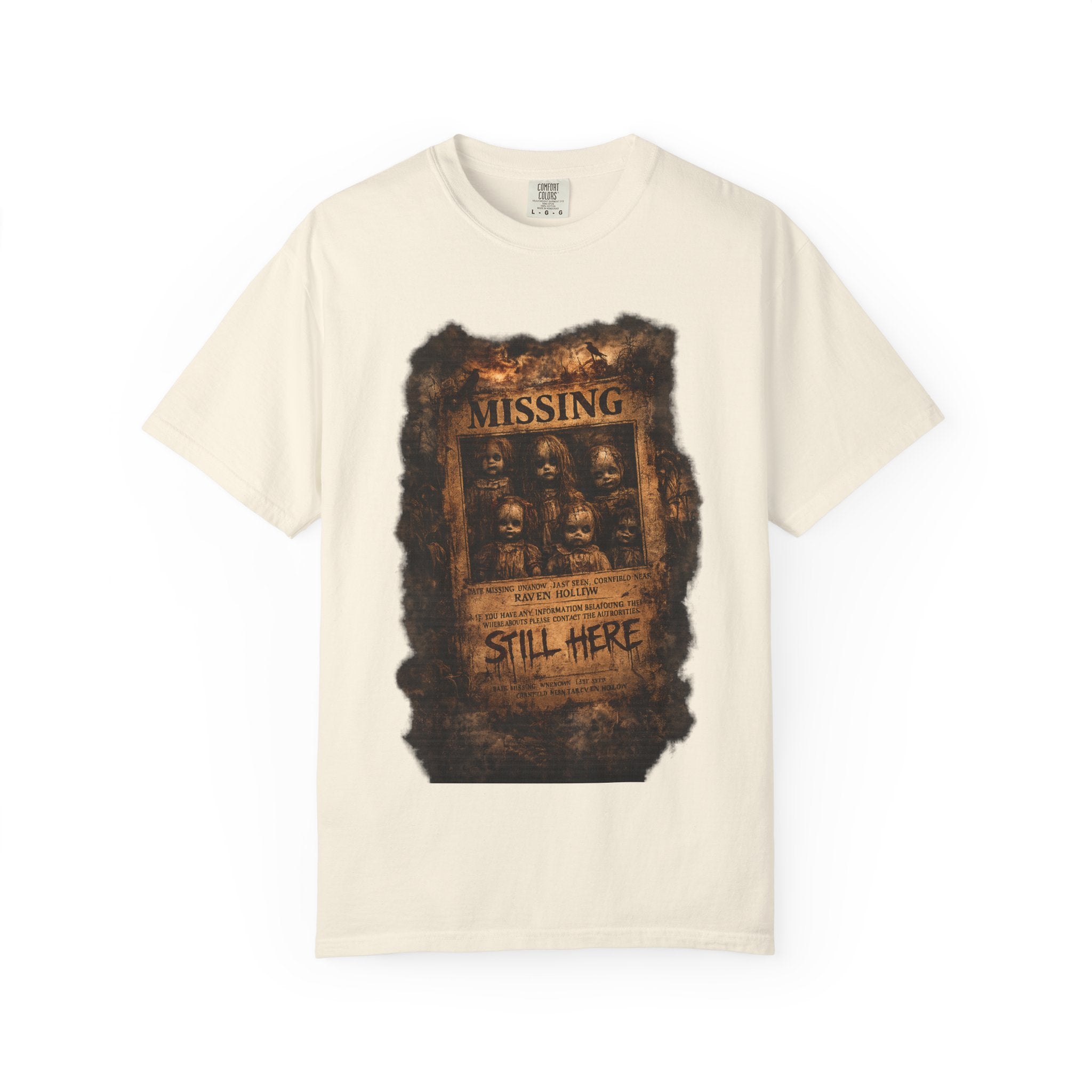 Missing Poster Graphic T-Shirt — Vintage 'Still Here' Horror Design