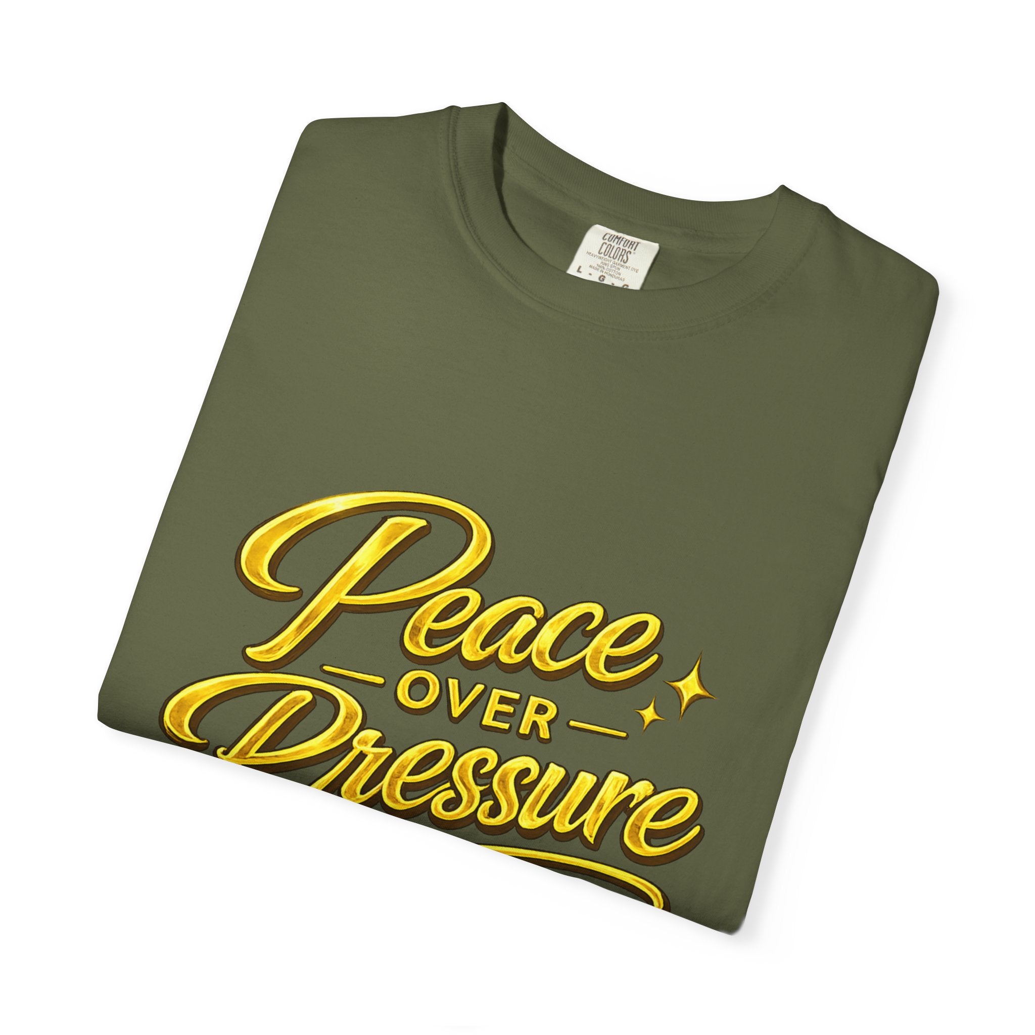 Peace Over Pressure tee | Hand-lettered script, yellow gold typography