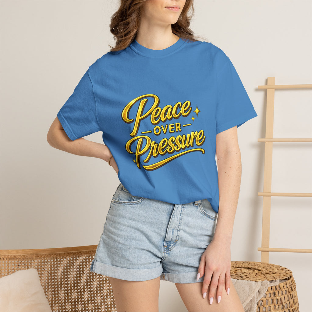 Peace Over Pressure tee | Hand-lettered script, yellow gold typography