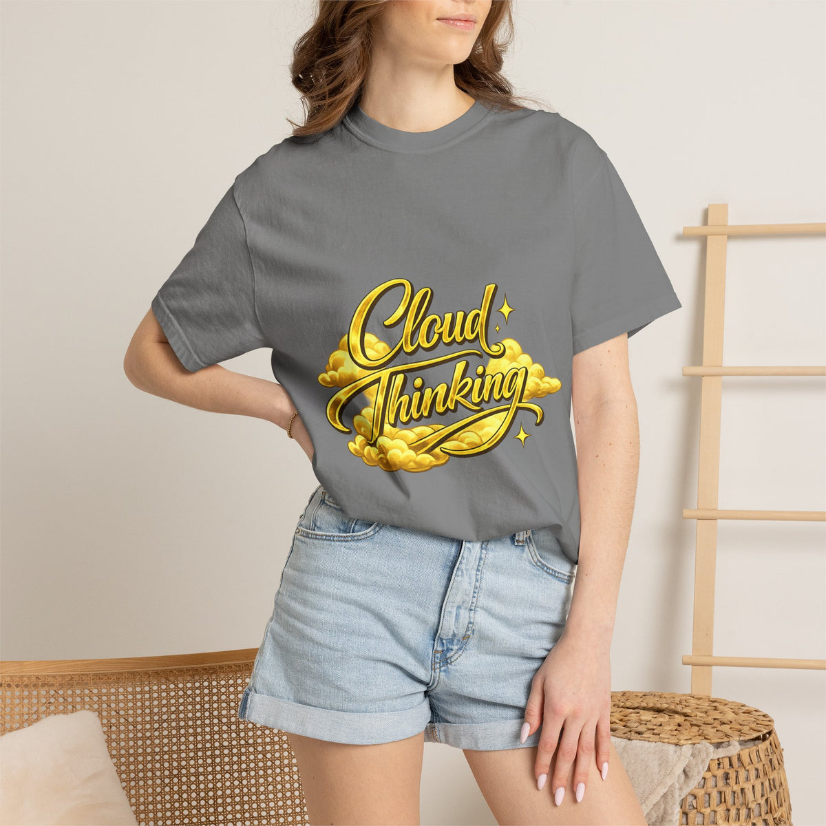 Cloud Thinking T-Shirt — Retro Gold Script Graphic Tee