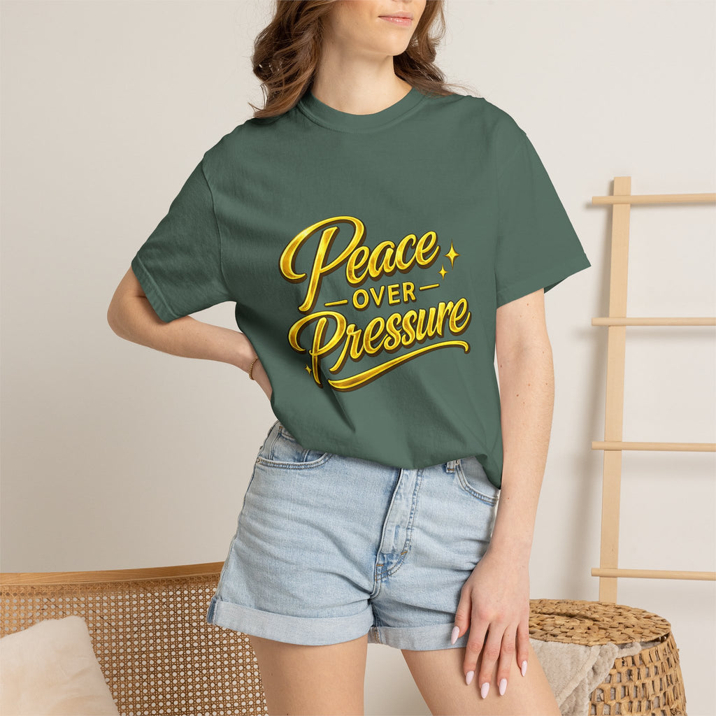 Peace Over Pressure tee | Hand-lettered script, yellow gold typography