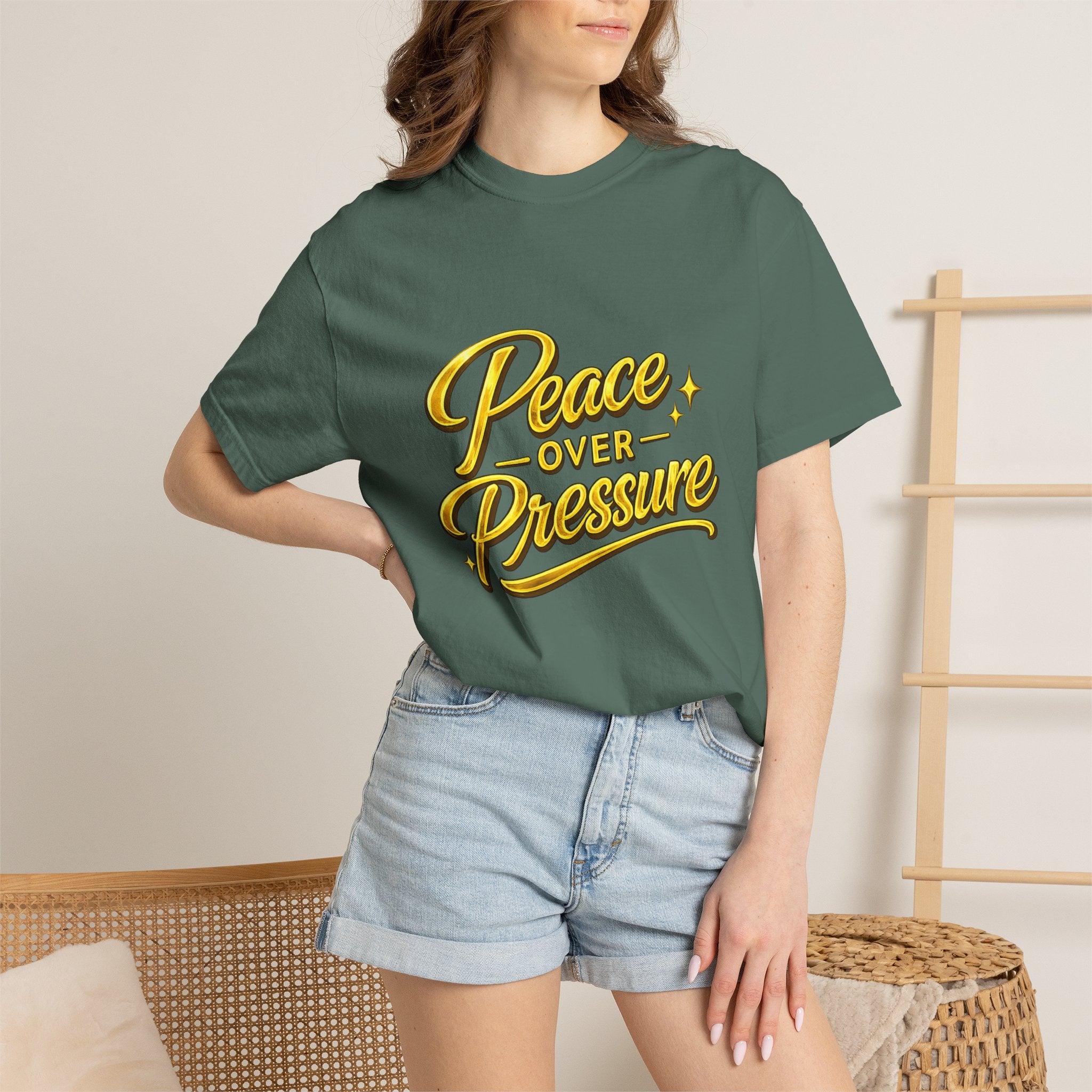Peace Over Pressure tee | Hand-lettered script, yellow gold typography