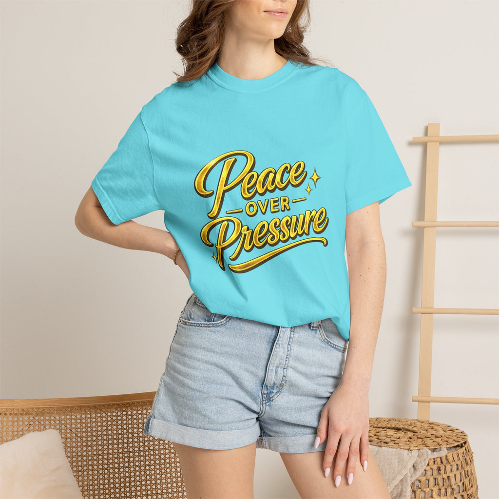 Peace Over Pressure tee | Hand-lettered script, yellow gold typography
