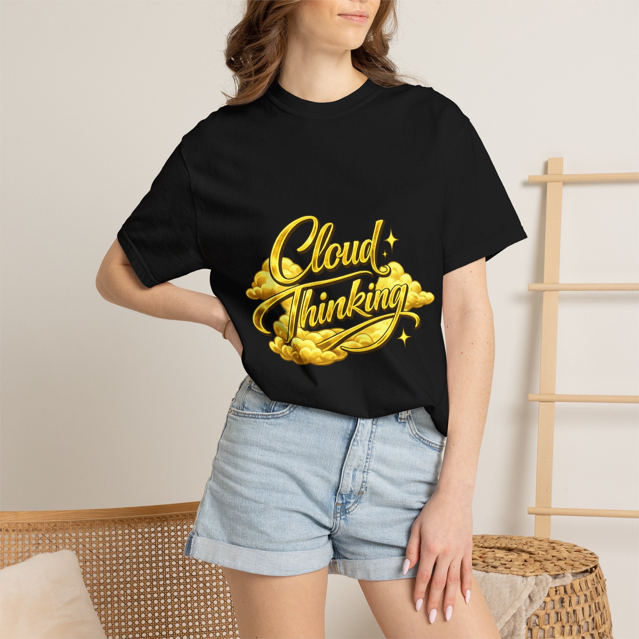 Cloud Thinking T-Shirt — Retro Gold Script Graphic Tee