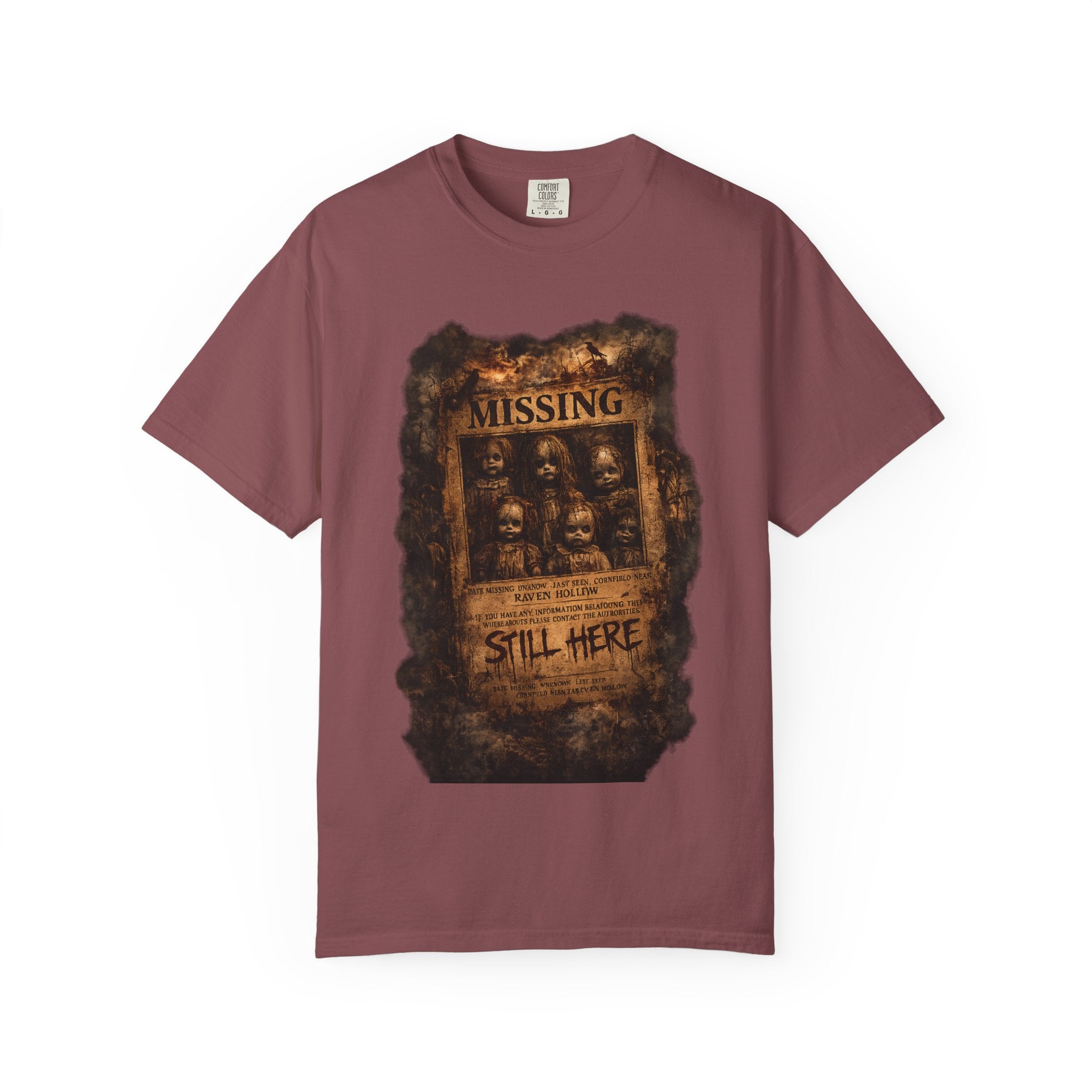Missing Poster Graphic T-Shirt — Vintage 'Still Here' Horror Design