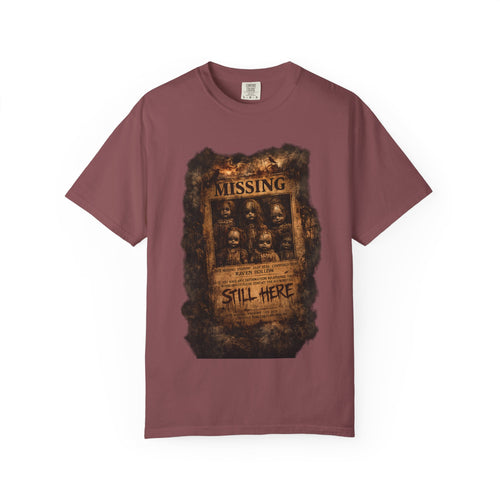 Missing Poster Graphic T-Shirt — Vintage 'Still Here' Horror Design