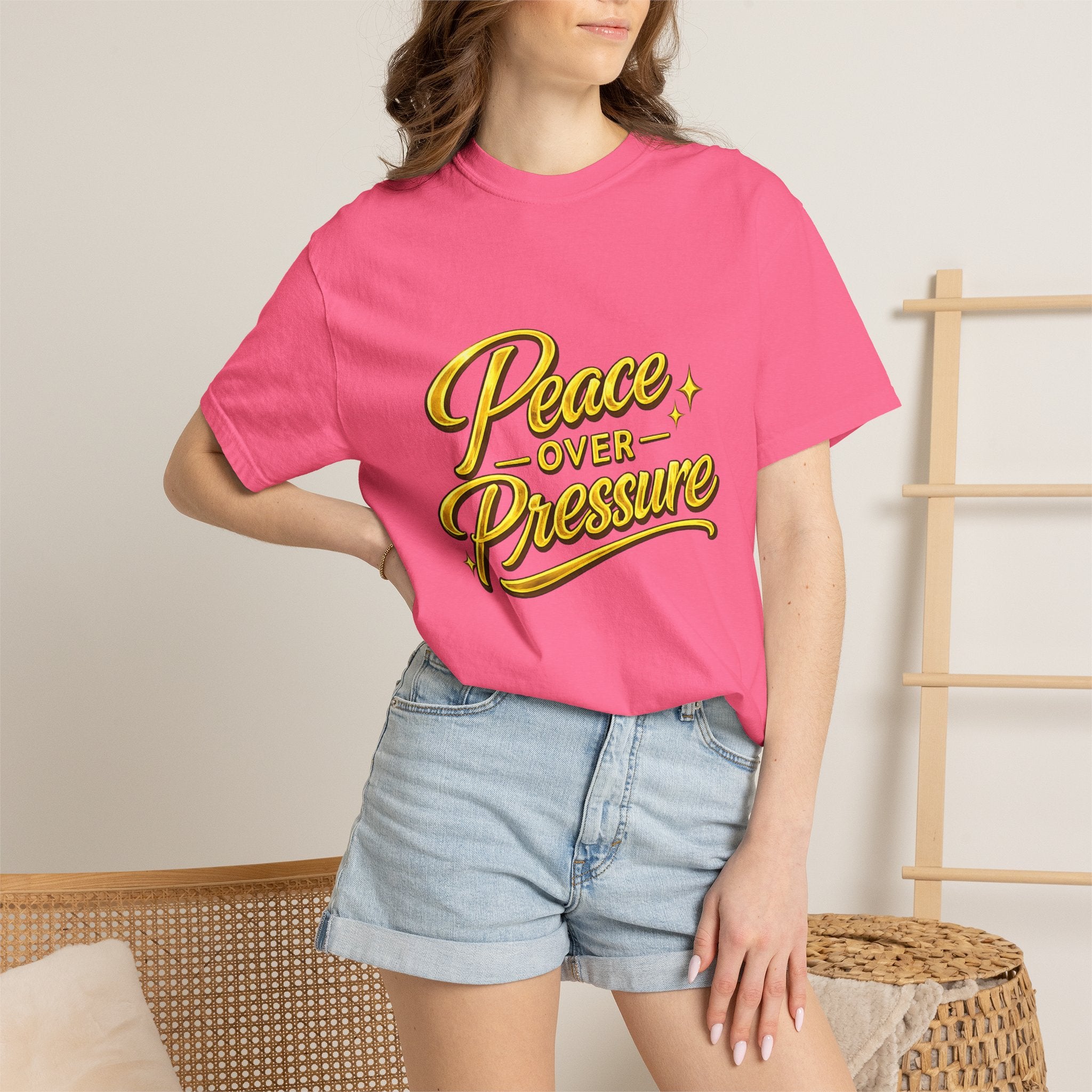 Peace Over Pressure tee | Hand-lettered script, yellow gold typography