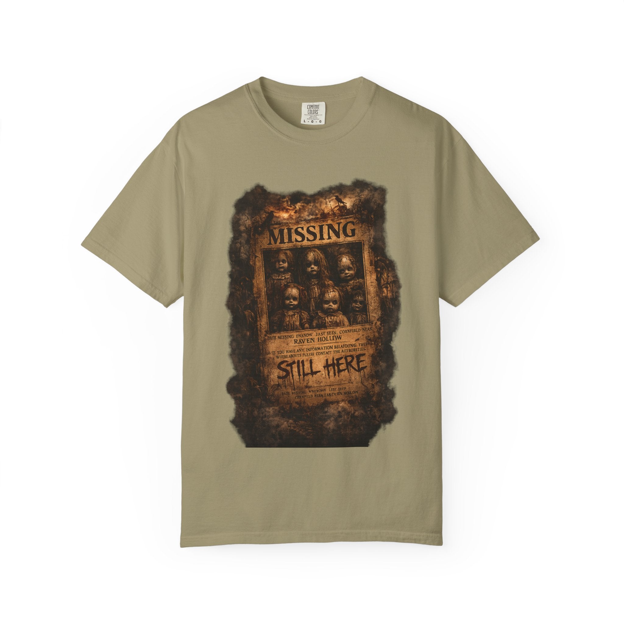 Missing Poster Graphic T-Shirt — Vintage 'Still Here' Horror Design