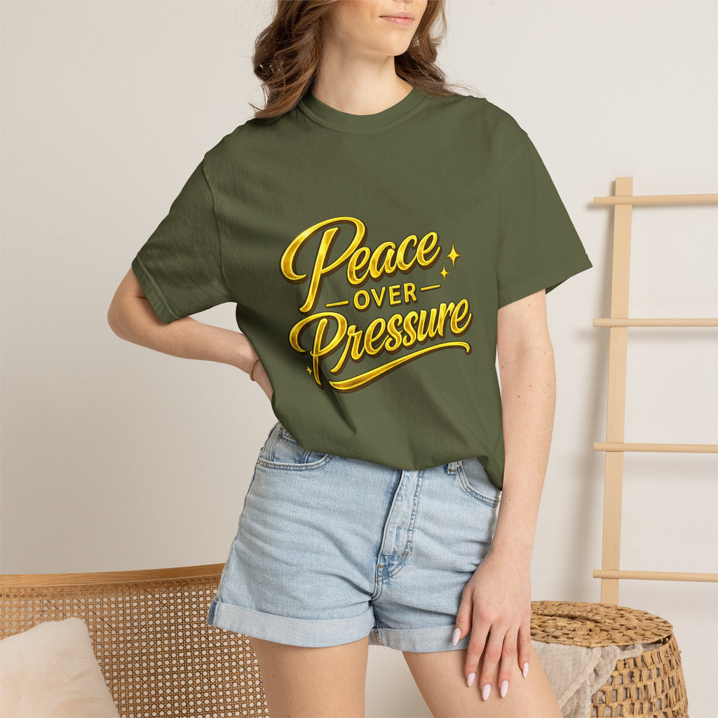 Peace Over Pressure tee | Hand-lettered script, yellow gold typography