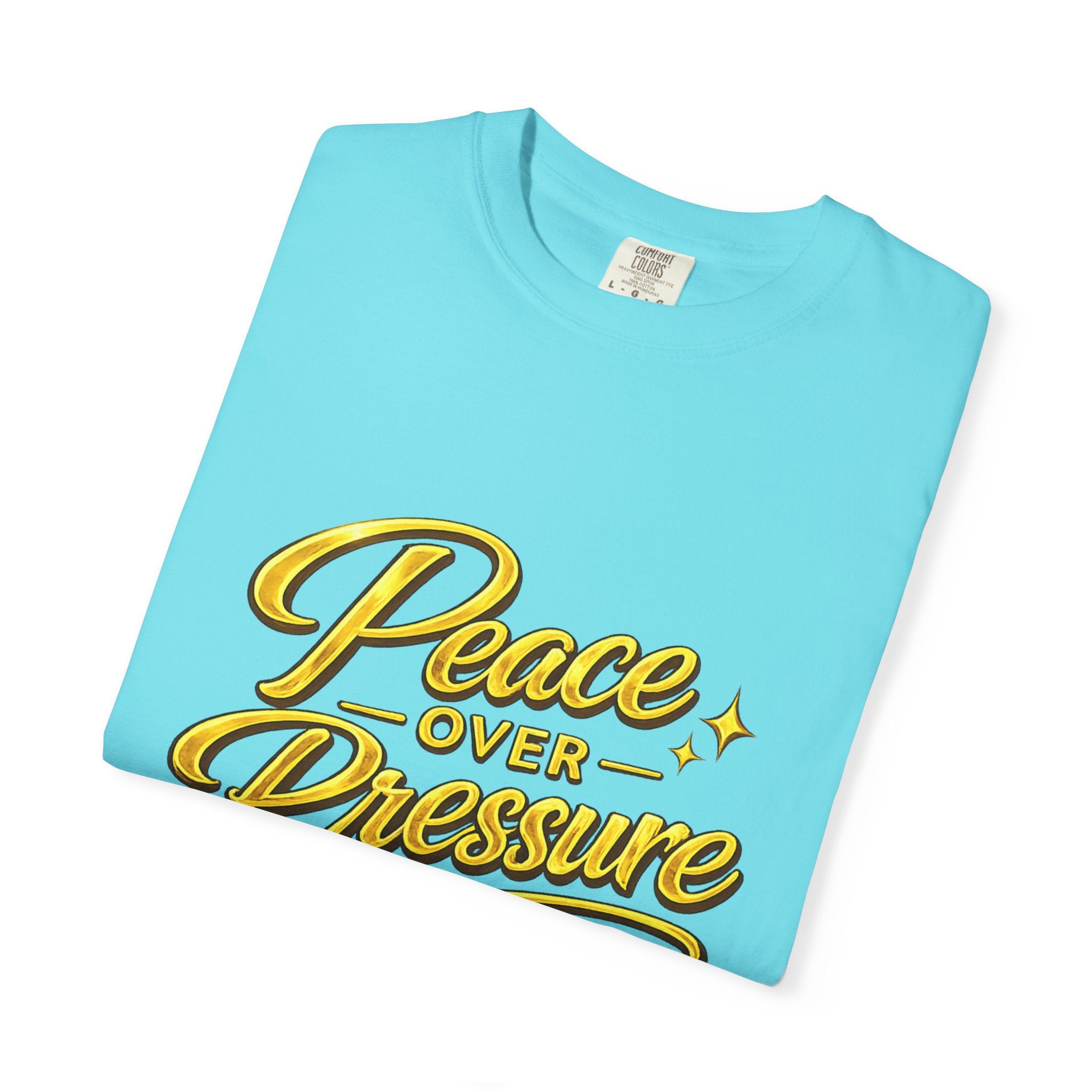 Peace Over Pressure tee | Hand-lettered script, yellow gold typography