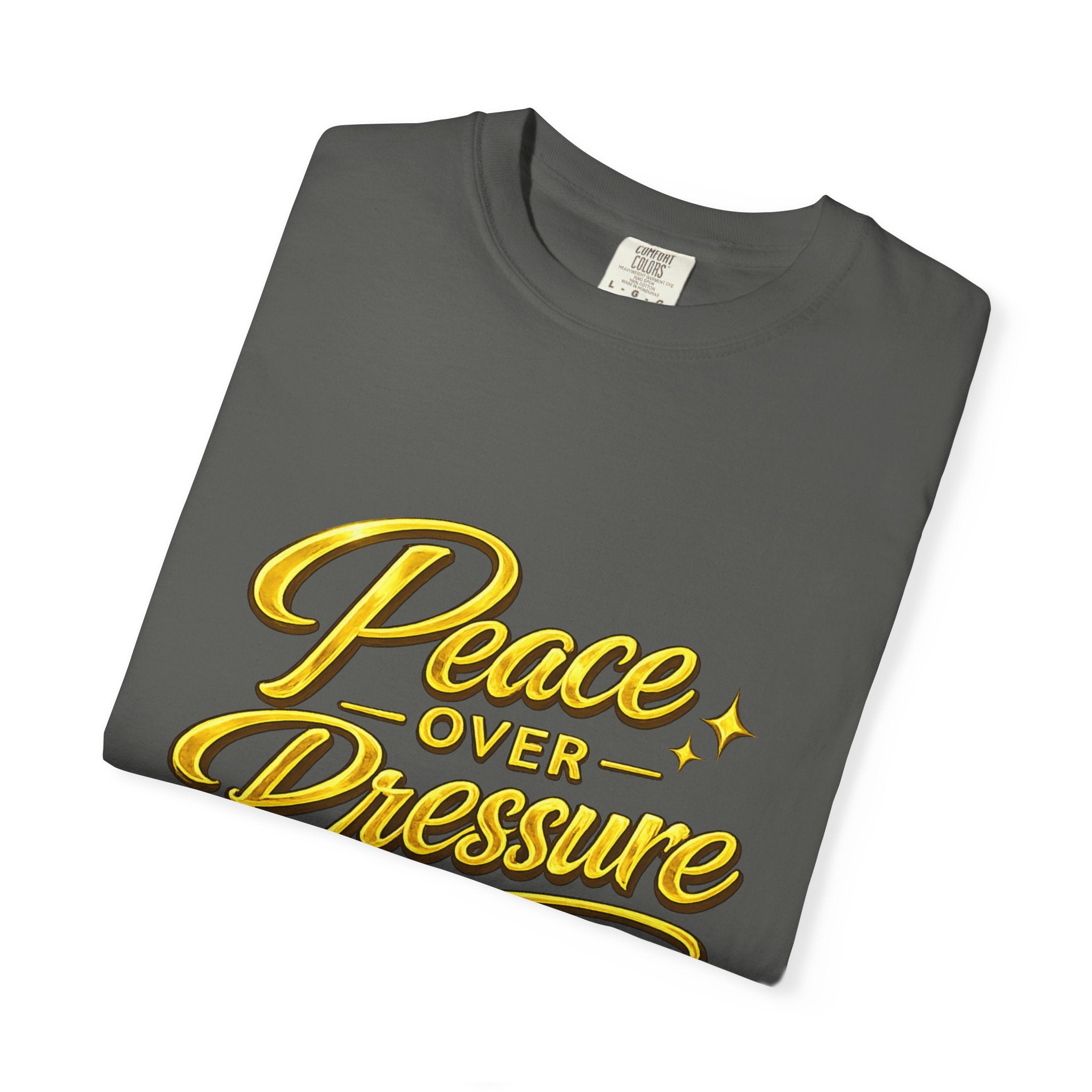 Peace Over Pressure tee | Hand-lettered script, yellow gold typography
