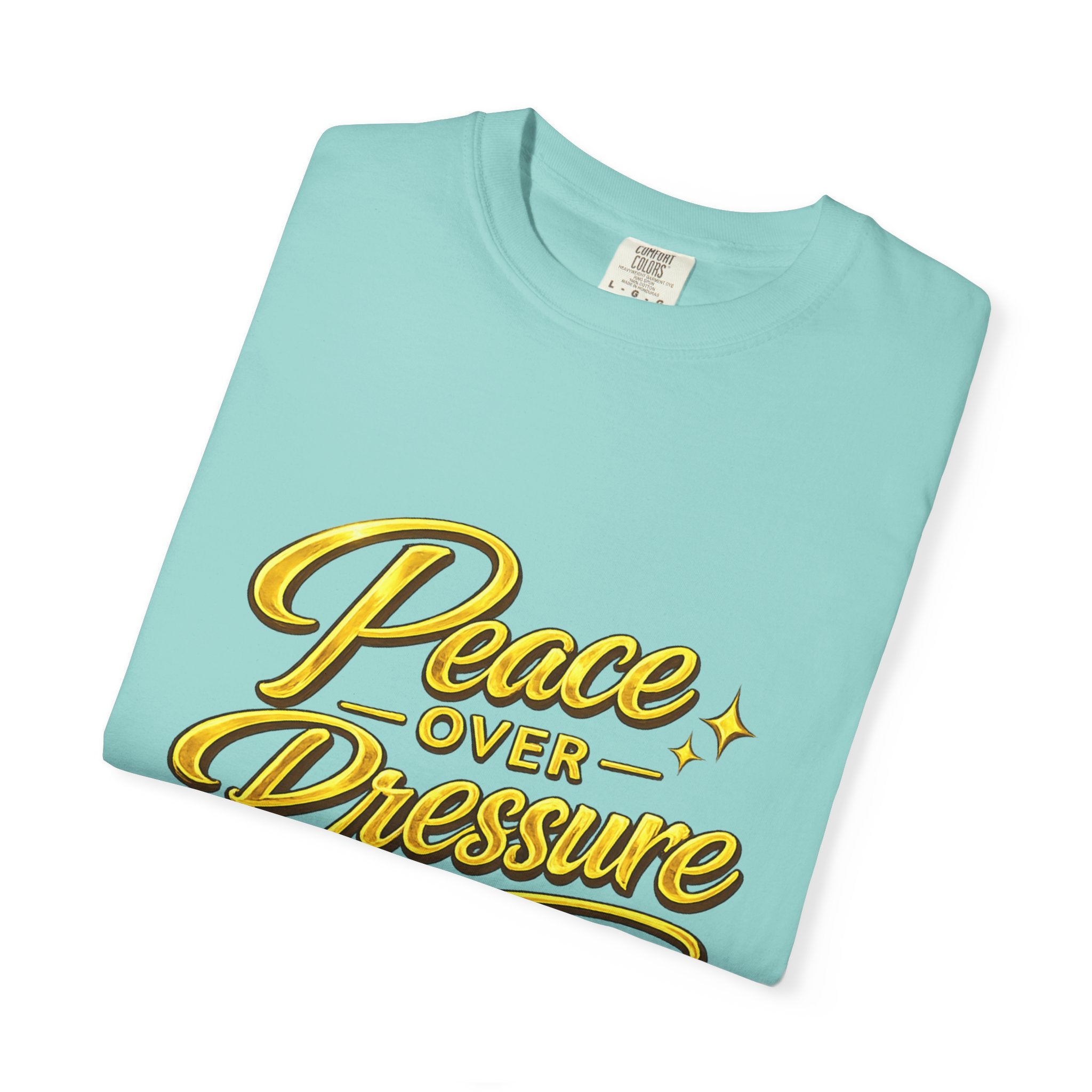 Peace Over Pressure tee | Hand-lettered script, yellow gold typography