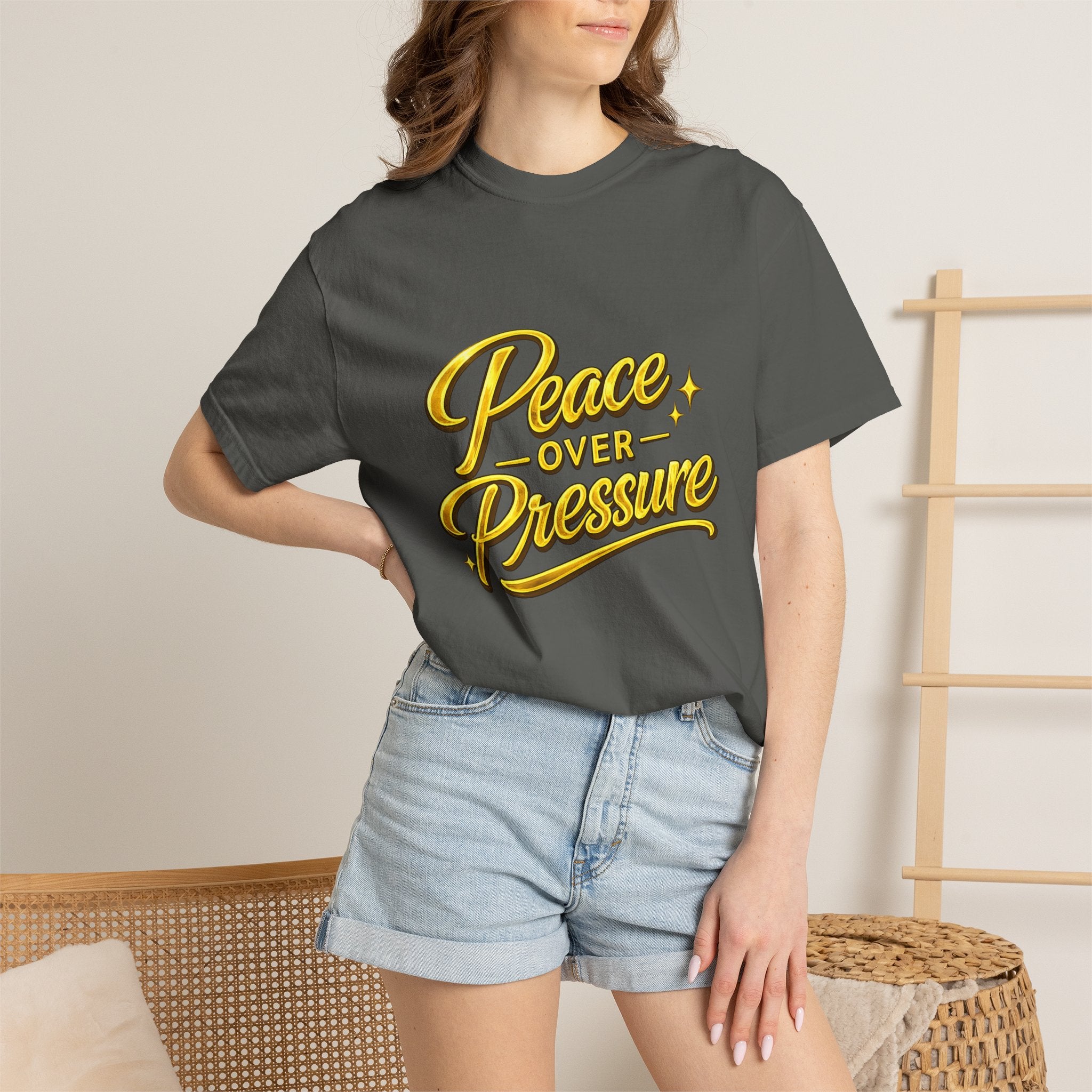 Peace Over Pressure tee | Hand-lettered script, yellow gold typography