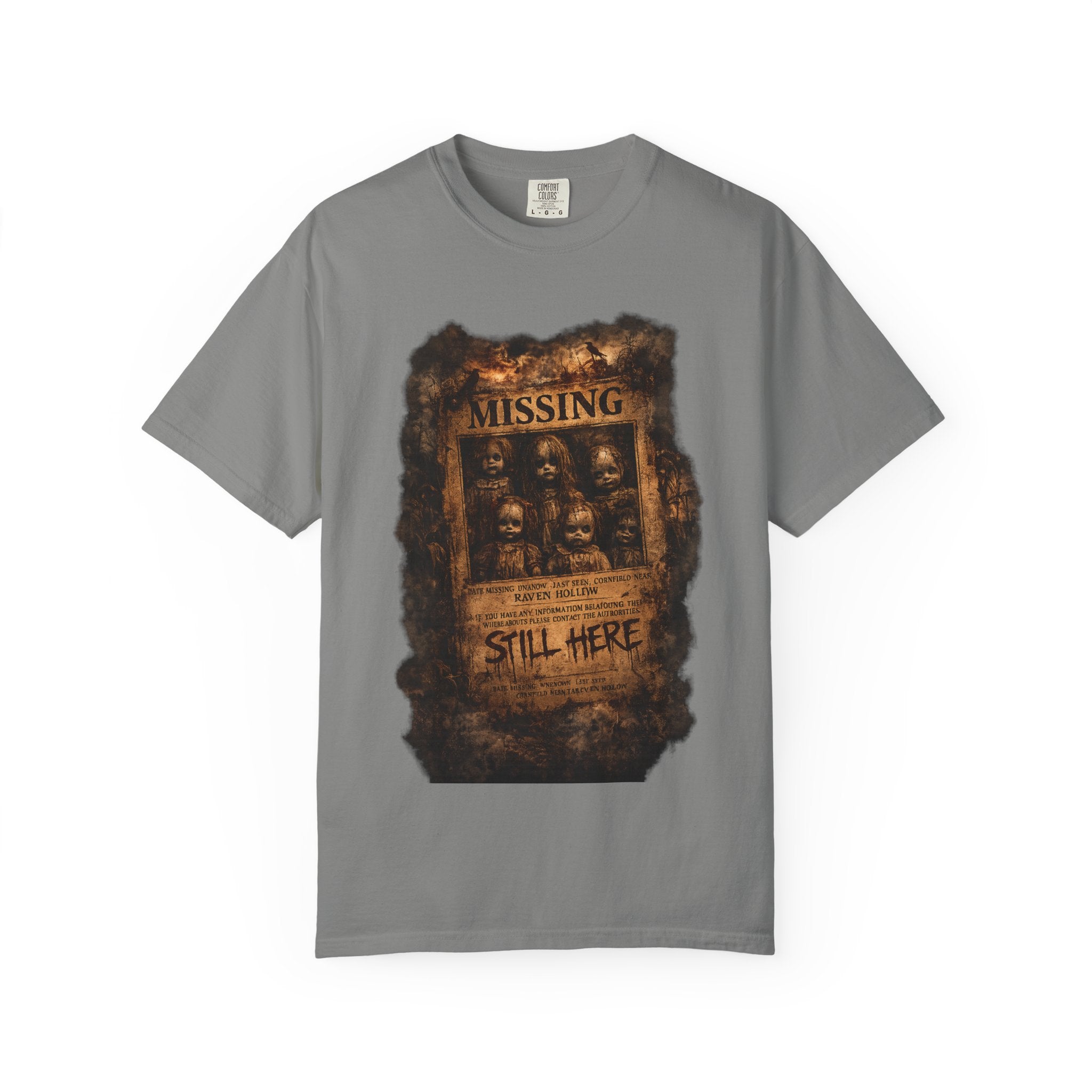 Missing Poster Graphic T-Shirt — Vintage 'Still Here' Horror Design