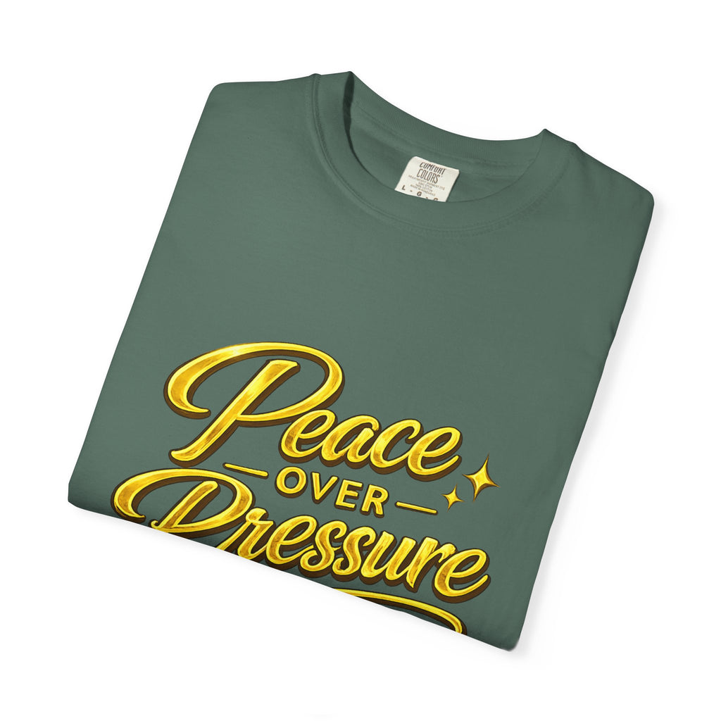Peace Over Pressure tee | Hand-lettered script, yellow gold typography