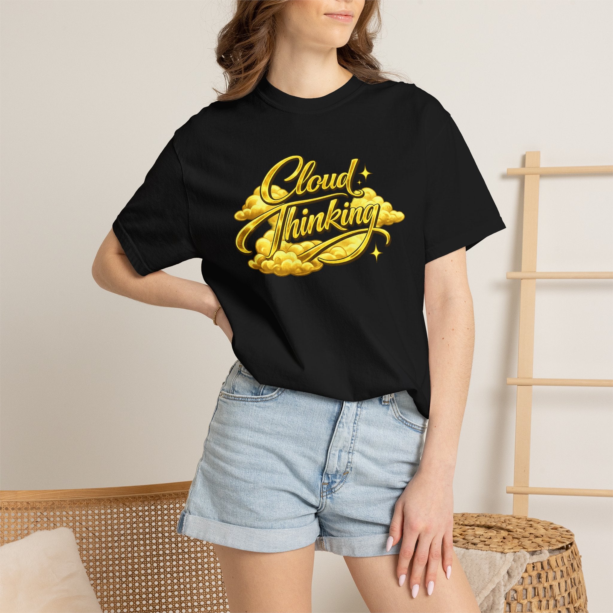 Cloud Thinking T-Shirt — Retro Gold Script Graphic Tee